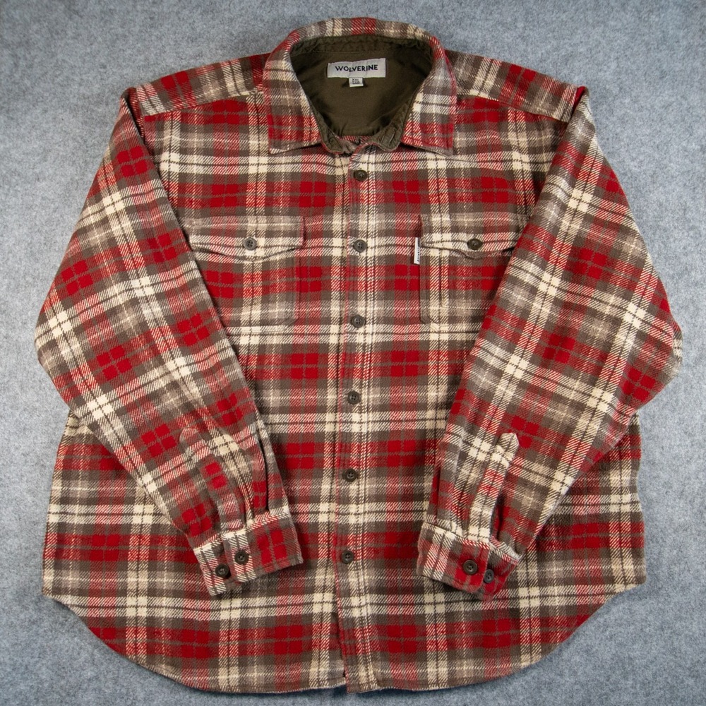 Wolverine Men's XXL Heavyweight Cotton Flannel Plaid Shirt Red Brown Workwear